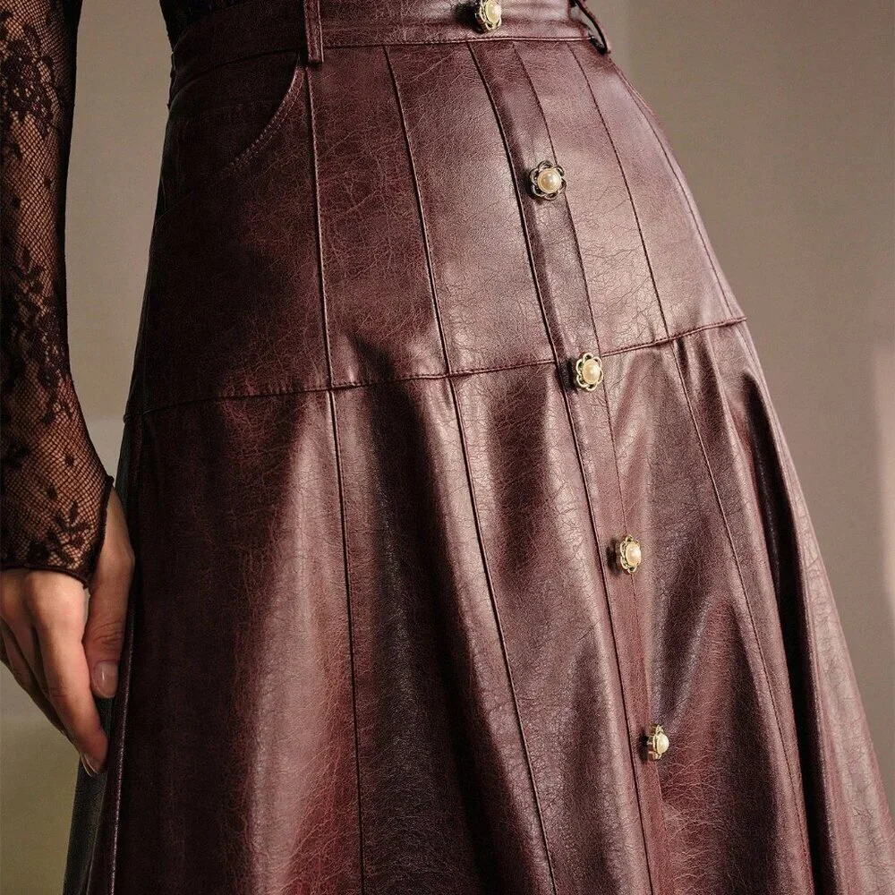 brown Elegant Women's Faux Leather Buckle Detail Skirt - Picture 2 of 6